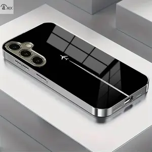 Airplane Sky Pattern Electroplated Silver Tempered Glass Phone Case Suitable for 25 PLUS, S24 PLUS, S24 Ultra, S23 Ultra, S23 PLUS, S23, S22 Ultra, S22 PLUS, S21 Ultra, S21, A05S, A14, A53, A34, A33, A35, A55, A22, A54 High-end Business Style Couple Fashi