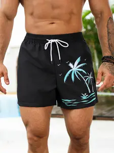 Men’s beach shorts featuring a drawstring waist, front side tie, pockets, palm tree print, Hawaiian vacation beach style; loose drawstring beach shorts with a single-layer design, suitable for everyday casual wear and vacations.