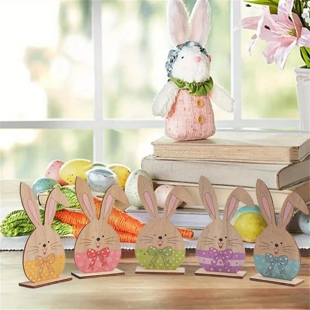 5 Pcs Easter Bunny Wooden Table Decorations, Cute Rabbit Shaped Wood Standing Ornaments with Polka Dot Bow Ties for Easter Party Table Centerpiece, Home Shelf Easter Decor Supplies