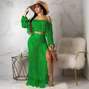 Ledyard Beach Long Off Shoulder Tassels Sexy Hollow Out Ensemble Set
