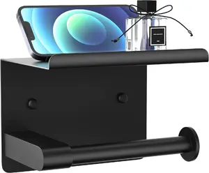 Toilet Paper Holder Wall Mount, Fits Mega Rolls Matte Black Toilet Paper Holder with Shelf, Rustproof Stainless Steel Self Adhesive Toilet Paper Holder, Black