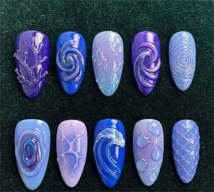 Ocean Mermaid Press On Nails, 3D Sea Shell Coral Wave Nail Art, Blue Purple Lilac Almond False Nails, Dreamy Kawaii Ocean Core Nails | Free Adhesive Tabs Nail File Cuticle Stick  Nail Kit