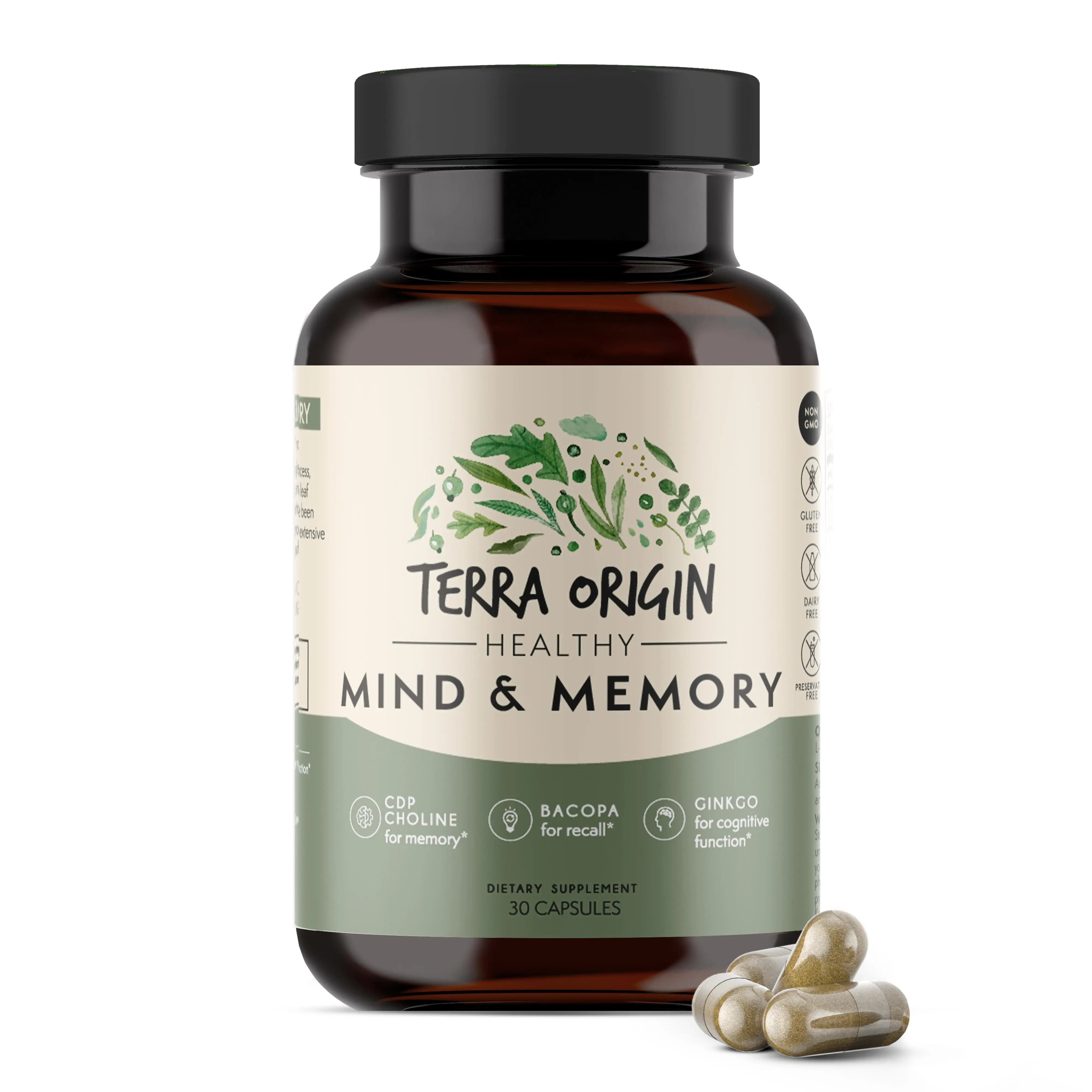 TERRA ORIGIN Healthy Mind and Memory Support Supplement | with CDP Choline, Bacopa, L-Tyrosine, Huperzine A, Ginkgo, B12 | Non GMO, Gluten Free, Dairy Free, 30 Capsules