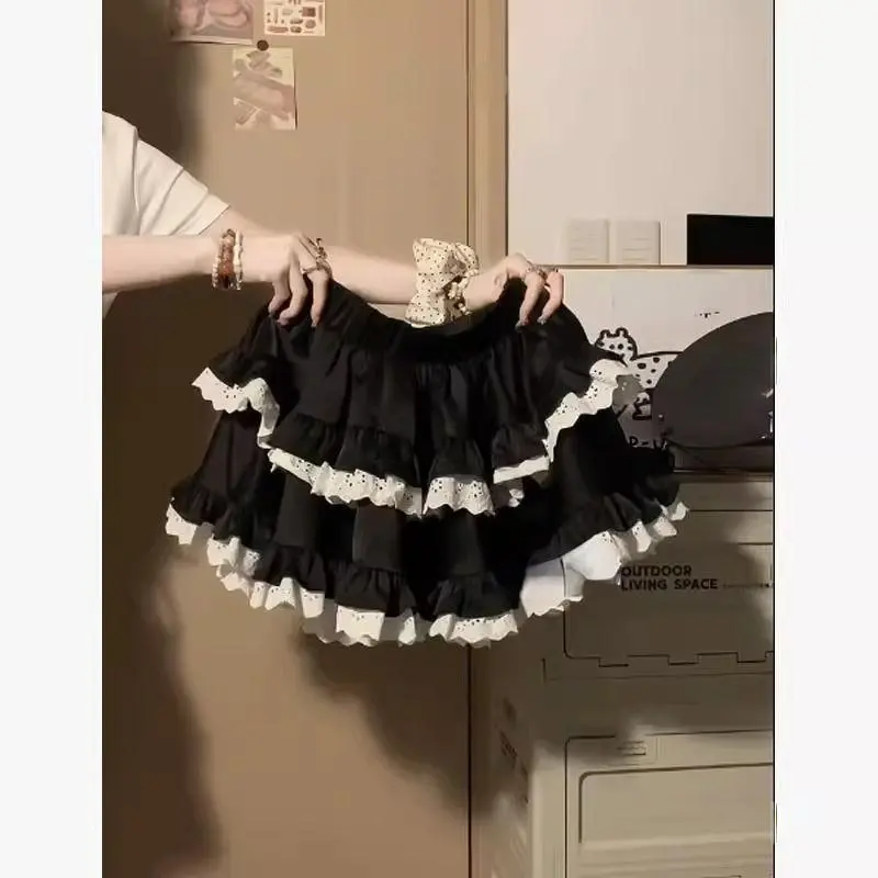 Women's 2025 New High-Waist A-Line Mini Skirt, Black Lace Puffy Ballet-Style Loose Casual Lolita Chic Cute Womenswear Bottom