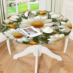 1PC Round Tablecloth, Spring Daisy Floral Bloom Pattern Printed Elastic Round Tablecloth, Polyester Machine Washable Half Table Cover, High Quality Elastic Table Cover, Stretch Resistant Round Table Cover, Reusable, Suitable for Round Tabletop Cover.