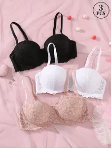 3-Pack Women's Lightweight Bras — Breathable, Comfortable, and Sexy Everyday Medium Support Bras (Push-Up & Anti-Sagging) with Detachable Straps — Ideal for Comfortable Daily Wear