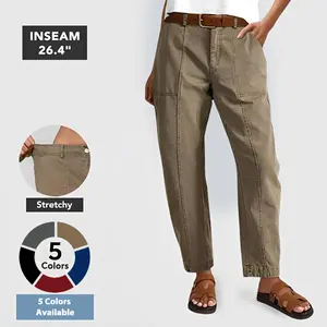 Flamingals Solid Stitch Detail Mid Waist Baby Barrel Fit Deep Pockets Pants High Stretch 26.4" Inseam Casual Women's Fashion Elevated Basic