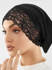 Women's Elegant Fashion Headscarf with Lace Patchwork Base Cap, Casual Stylish Versatile Hat, Perfect for Hijab, All Seasons New Arrival, Tignon Scarf, Hair Scarves