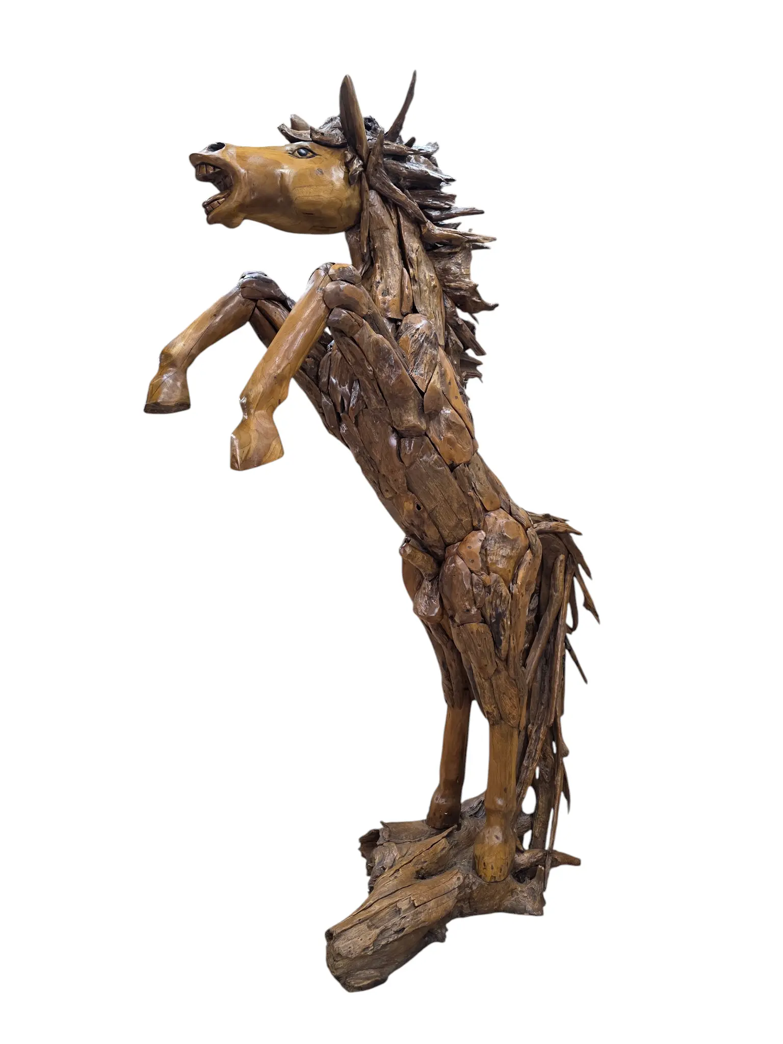 Vintage Rustic Life-Size Teak Root and Driftwood Rearing Horse Sculpture