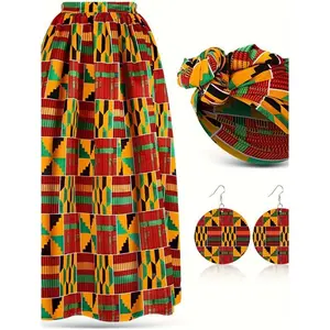 Women’s 3-piece set featuring an African-print maxi skirt with pockets, a casual stretch head wrap scarf, and drop dangle earrings