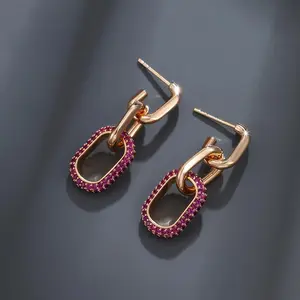 （X128）Link Earrings for Women Zircon Trendy Copper Chain Dangle Earrings with Pink Sparkling Accents – Elegant Statement Jewelry