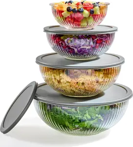 8pc Ribbed Glass Mixing Bowls with Leakproof Airtight Lids BPA-Free Meal Prep Stackable Space Saving Nesting Kitchen Baking Food Storage Serving Containers Microwave Freezer Dishwasher Safe