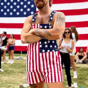 Patriotic American Flag Denim Short Overalls Unisex Fit, Soft Stretch Bib Shorts, Summer Outfit for Independence Day BBQs and Vacations