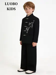 Boys' Traditional Chinese Costume Set, Stand Collar Embroidered Zhongshan Jacket, Ethnic Style Outerwear, National Wind Tang Suit Performance Wear