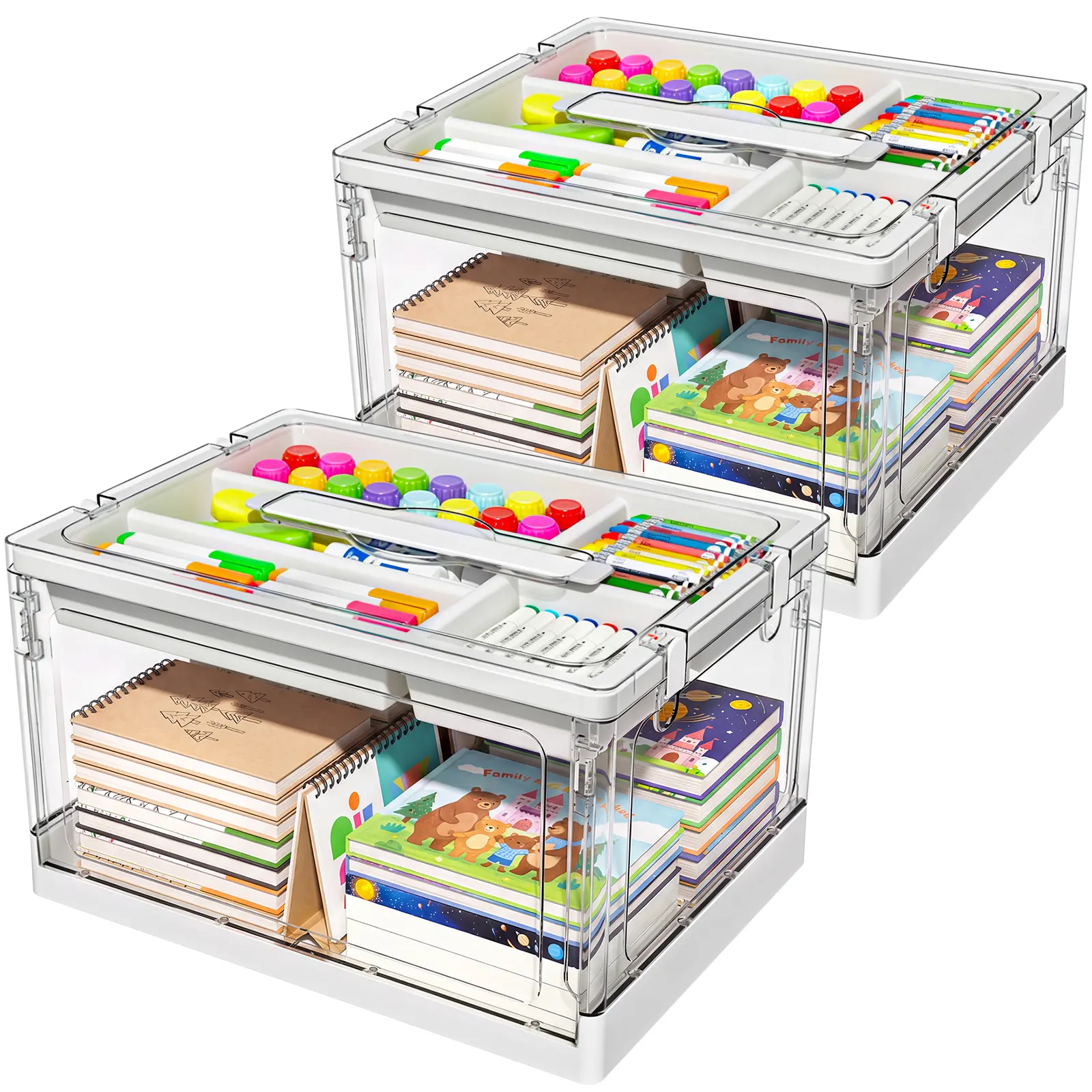 7CODE 2-Packs 25QT Clear Craft Storage Bin with Removable Trays&Adjustable Dividers, Containers for Art Supply Coloring Books Sensory Toys Medicine Playdough Squishy Hair Bows Homeschool Sewing Nail Polish, Dust Proof, Preschool & Backtoschool ToolBox