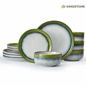 KINGSTONE Stoneware Dinnerware Sets, Reactive Glaze Ceramic Plates and Bowls, Scratch Resistant Rustic Dishes, Microwave & Dishwasher Safe, Ideal for Daily Use, Parties and Gifting, Model 11405