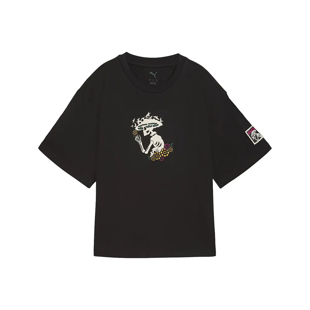 PUMA Womens Wardrobe Essentials Dia De Muertos Relaxed Crew Neck Short Sleeve Casual Tops Casual - Black