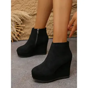Velvet Heeled Short Boots, Hidden Height Increase, Side Zip Design, Casual Style, All Seasons, Above Ankle, Work Ankle Boots(Sheets)