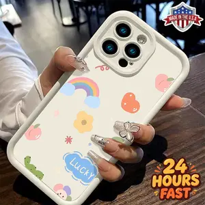 Cute Cartoon Rainbow Phone Case for iPhone 11 12 13 14 15 16 17 Pro Max Plus Air - Lucky Peach Flower Design, Shockproof Soft Silicone Cover, Made in USA