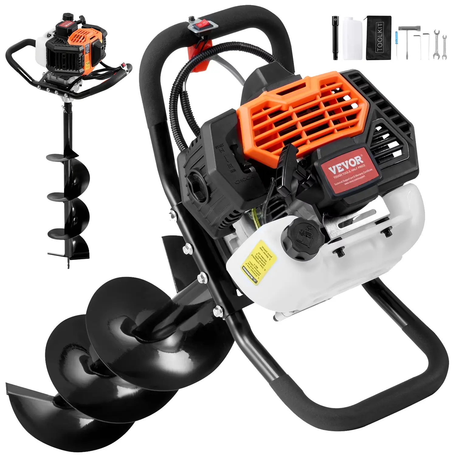 VEVOR Post Hole Digger Gas Powered, 52CC 1450W Earth Auger, Gas Auger with 8” Auger Drill Action Design Bits & 1 Extension Rod, Post Fence Hole Digger for Farmland Garden Plant, Orange+Black