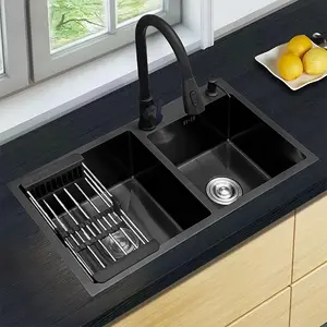 Black stainless steel double basin sink, pull out faucet set, drain basket, stainless steel, 28.34IN*15.74in sink size, large capacity, modern kitchen and bath, need to install themselves