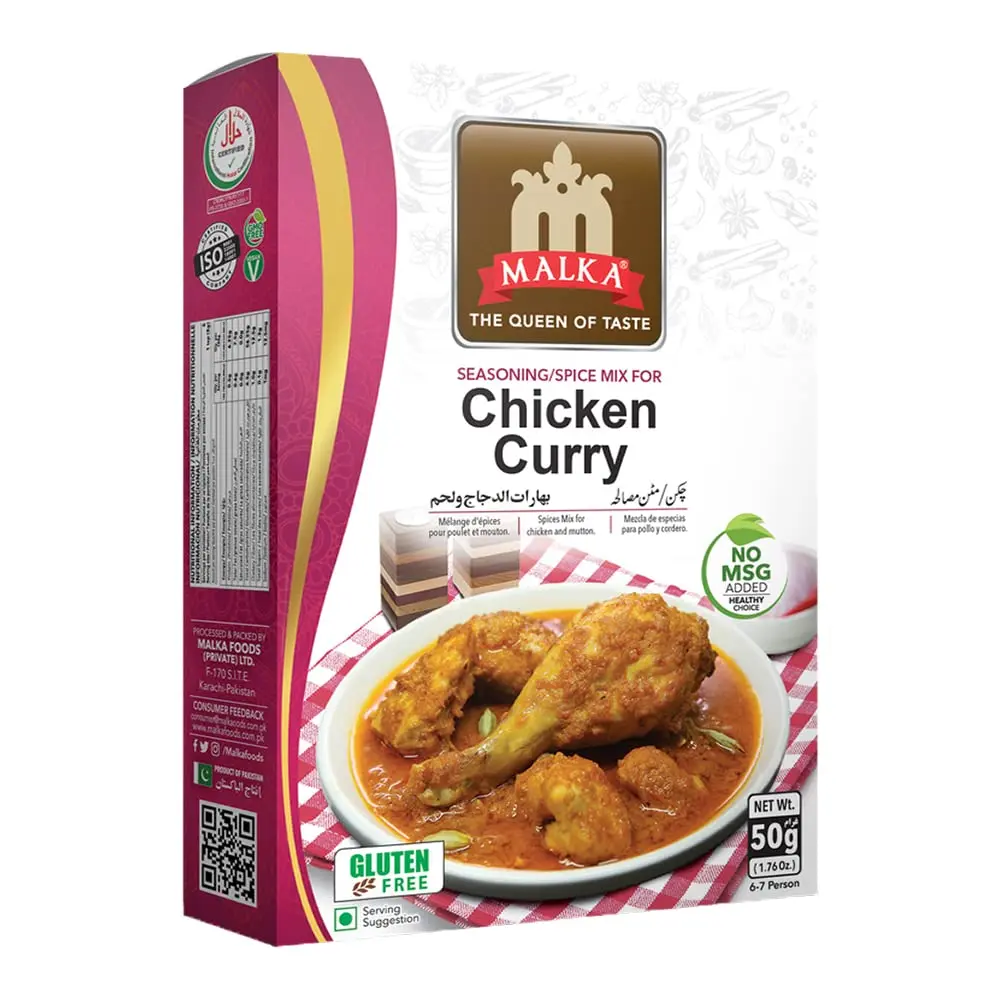 Malka Chicken Curry Recipe Mix 50g | 1.76 oz | Authentic Gourmet Spice Powder for Chicken & Mutton | No MSG Added, Vegan, Non-GMO, Gluten Free & Halal | Pack of 1