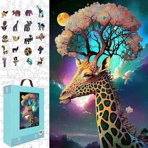 Wooden Jigsaw Puzzle for Adults and Kids Unique Shape Wood Colorful Beautiful Box Fun Challenge Brain Health Family Game Creative Gift for Friends Rompecabezas Madera(Giraffe 200pcs)