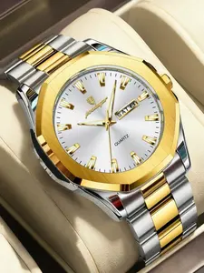 Luxury Men's Business Watch, Luminous Waterproof Fashion Polygon Case, Dial Date Calendar Display, Stainless Steel Strap