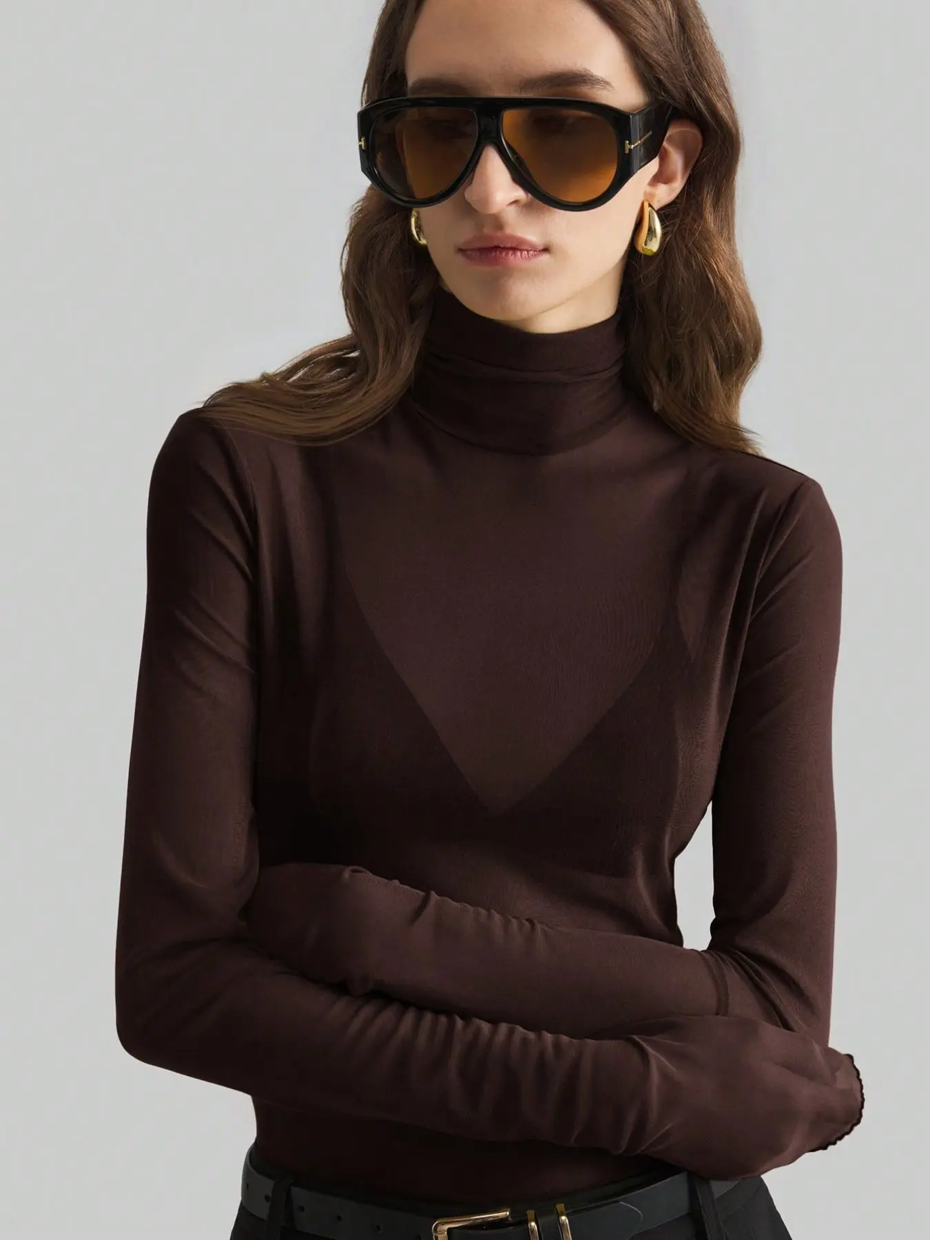High Neck Sheer Transparent Mesh Bodycon Top, European Minimalist Light-Weight Design, Slimming Figure Show, Commuter Layering, Daily Wear for Women