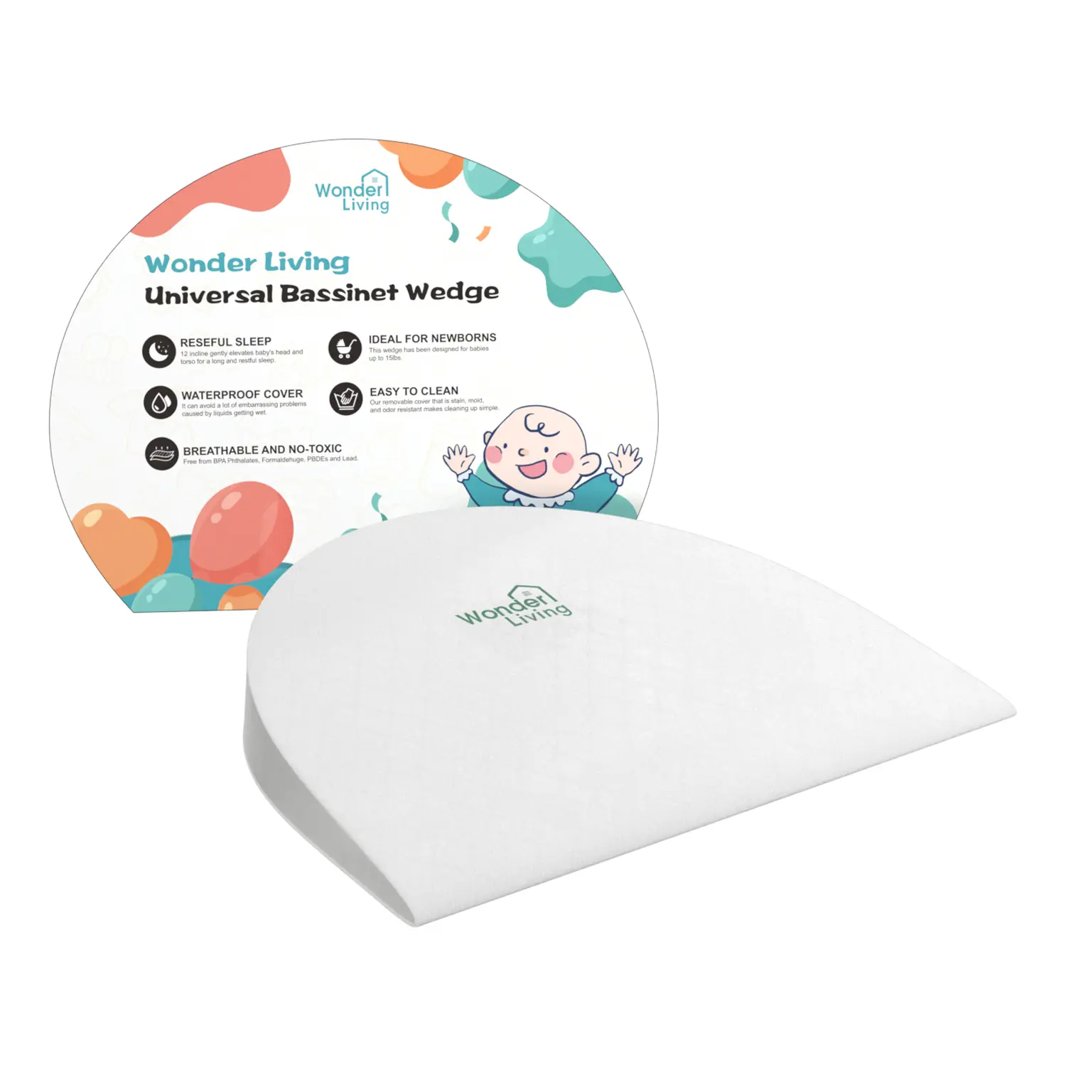 Wonder Living Baby Wedge Pillow for Newborn, Incline, Waterproof, Pregnancy Wedge, Premium Foam with Removable Cover, 15 x 12 x 2.6 inches