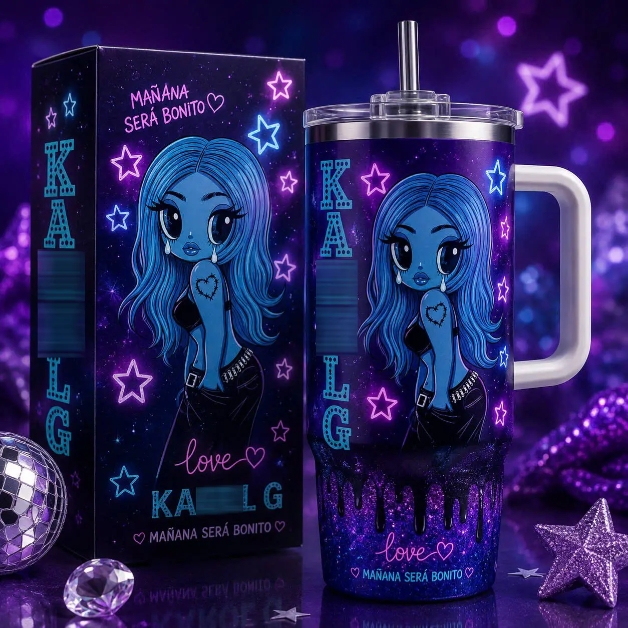 40 oz (1000-2000ml) Stainless Steel Insulated Tumbler with Handle, New Album "No Me Arrepiento De Sentir Tanto" "Manana Sera Bonito" Inspired Blue Girl Neon Stars Full-Wrap Travel Cup, Retro Look Travel & Commute Latin Music Fan Gift