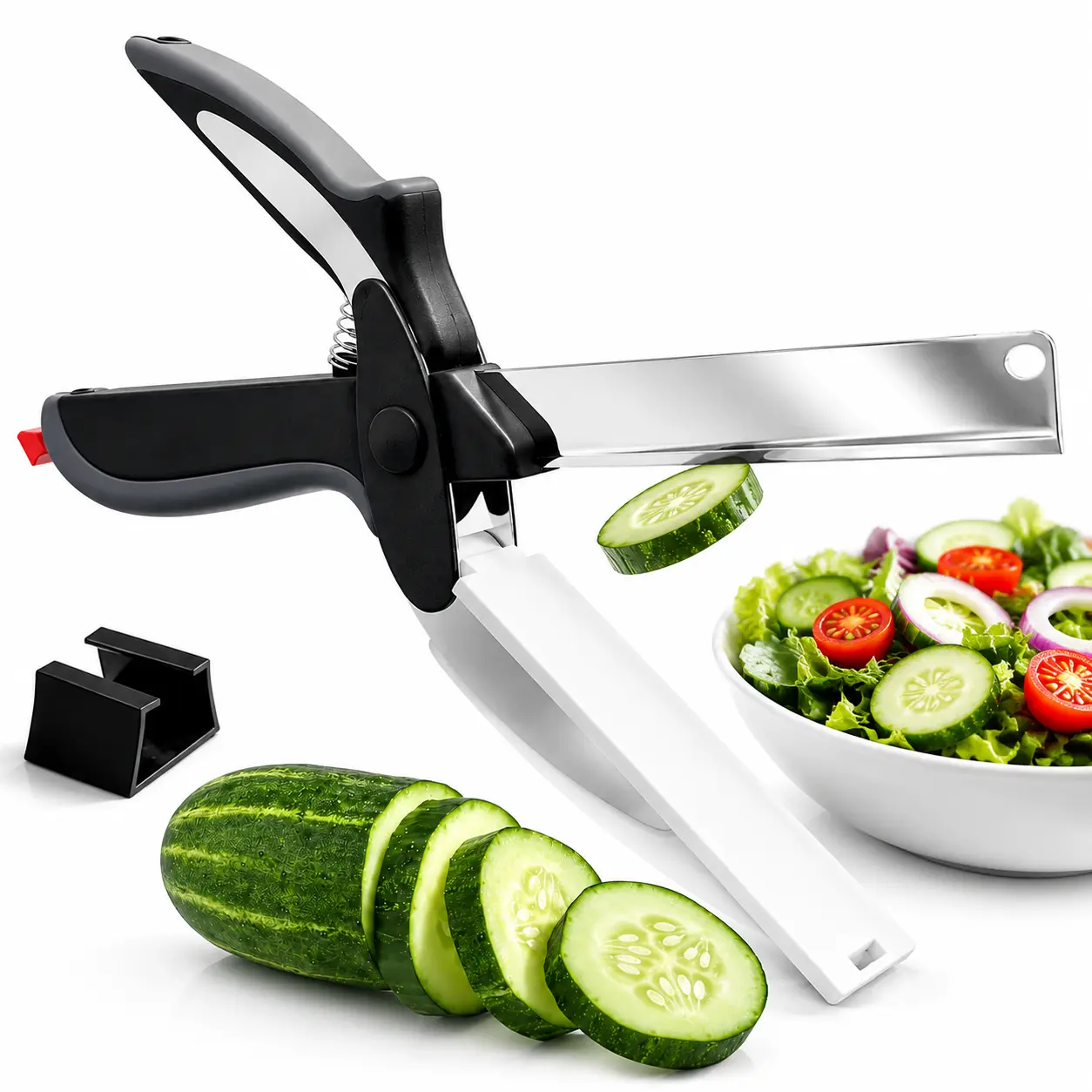 2 in 1 Kitchen Scissors for Food with Cutting Board, Safety Lock, Stainless Stee, Cutting Board Scissors for Veggies, Fruit & Cheese, 9.5" Detachable Blade, Dishwasher Safe, Tomato Knife