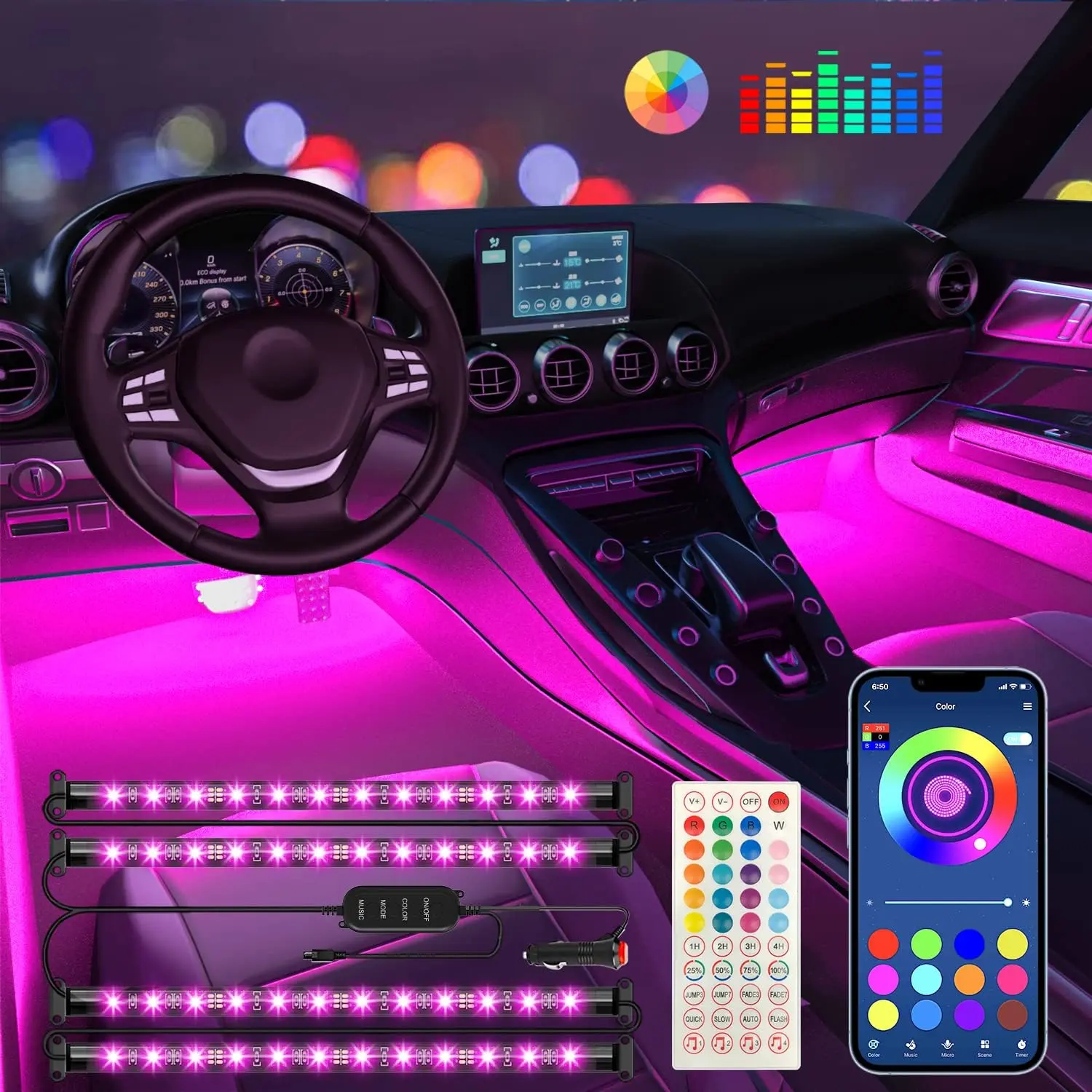 Interior Car Lights  Car Accessories APP Control with Remote Music Sync Color Change RGB Under Dash Lighting with Charger 12V LED Lights Running Board Lights