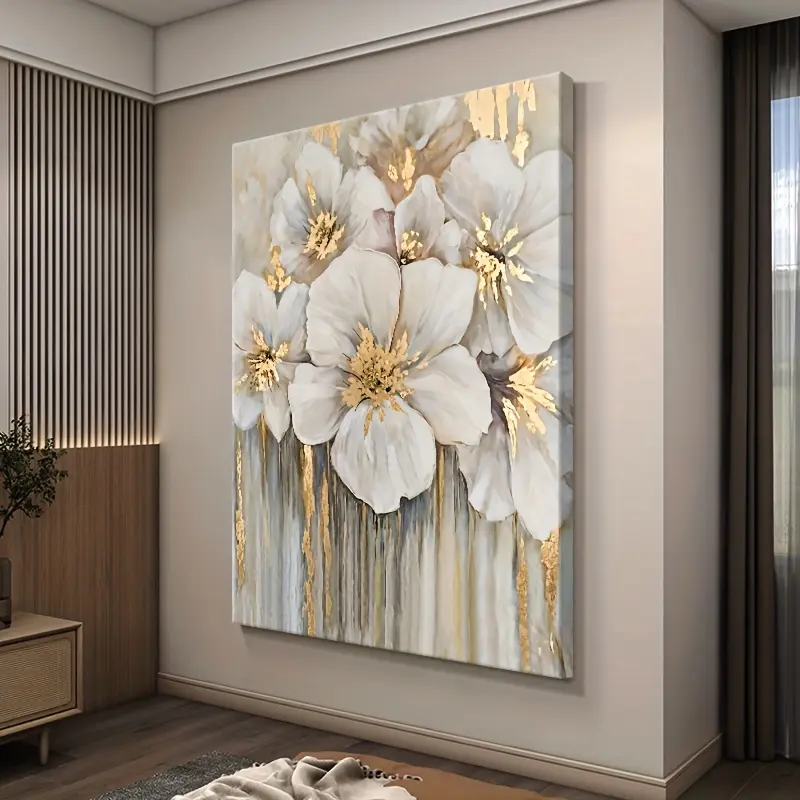 16x24in (40x60cm) Unframed Golden Flower Print Wall Art Paintings - Waterproof, Plaid-Houndstooth-Marble-Herringbone-Polka Dot Accent Box Poster, Home Decor for Living Rooms-Wardrobe-Military Spaces, Home Supplies