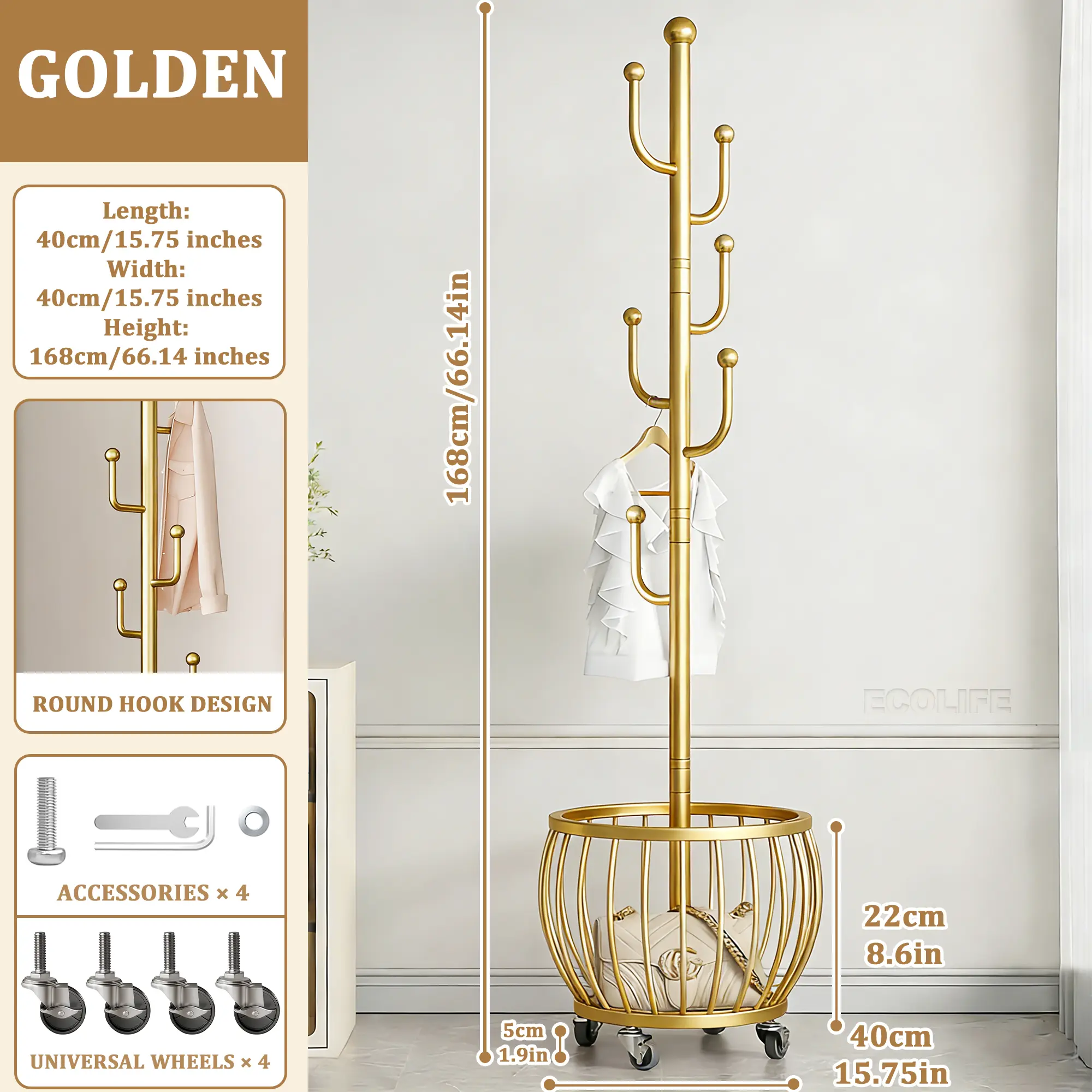 2-in-1 Heavy-Duty Freestanding Rolling Coat Rack with Storage Basket - Mobile Garment Hanger Suitable for Entryway, Bedroom, Living Room, Bathroom - Space-Saving Organizer with Round Hooks & Wheels, Multi-Room Furniture