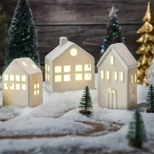3Pcs Light Up Ceramic Christmas Village Houses Set with 3Pcs Xmas Trees, Battery Operated for DIY Winter Holiday Home Decor Tabletop Centerpiece
