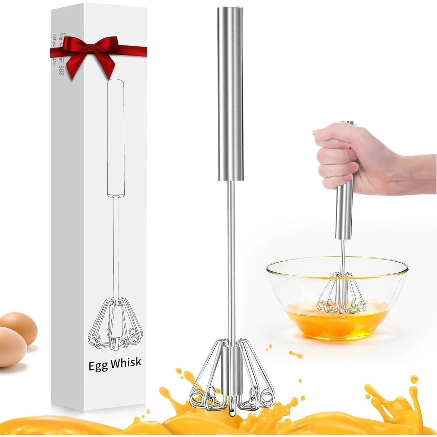 Stainless Steel Egg Whisk, Semi Automatic Whisk Blender - Versatile Tool for Blending, Whisking, Beating & Stirring (12in)