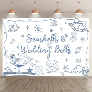 Seashells & Wedding Bells Pattern Banner, 1 Count Seaside Message Theme Party Banner, Photo Props Background Cloth, Home Decoration, Anniversary