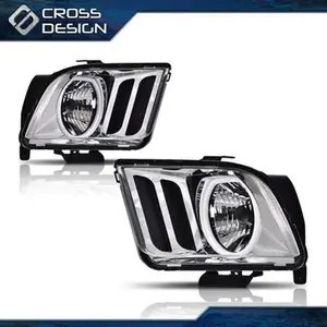 CROSSDESIGN Fit For 2005-2009 Ford Mustang Chrome Housing Clear Lens Halogen Headlights Lamp
