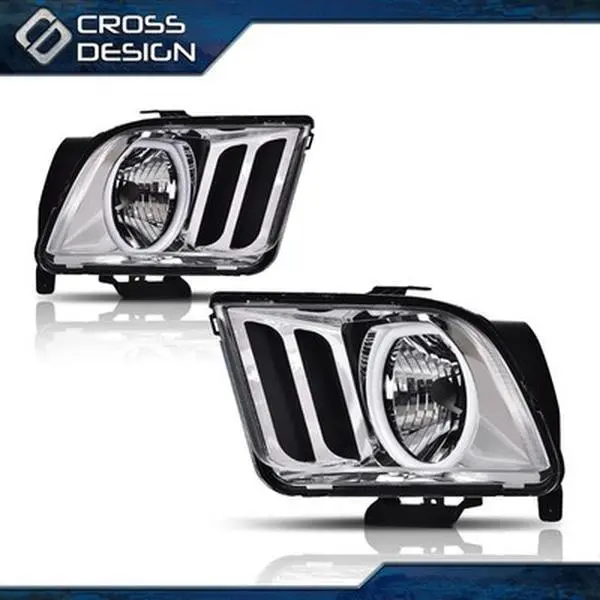 CROSSDESIGN Fit For 2005-2009 Ford Mustang Chrome Housing Clear Lens Halogen Headlights Lamp