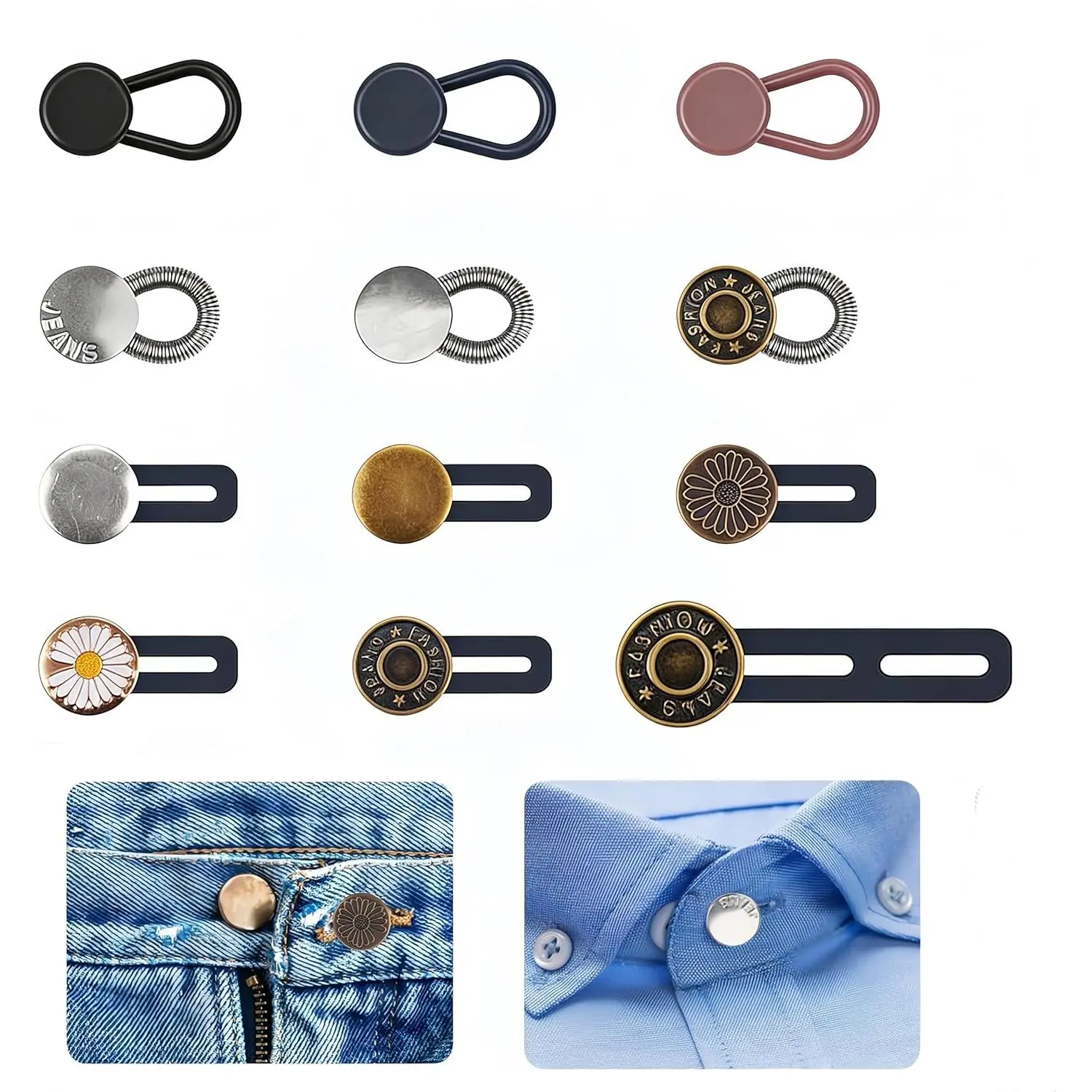 12 count Button Extenders for Jeans, No Sew  Extenders for Pants, Adjustable Jean Button Extender, Invisible Waistband Expander for Men Women,  Styles for Denim, Trousers & Shirts