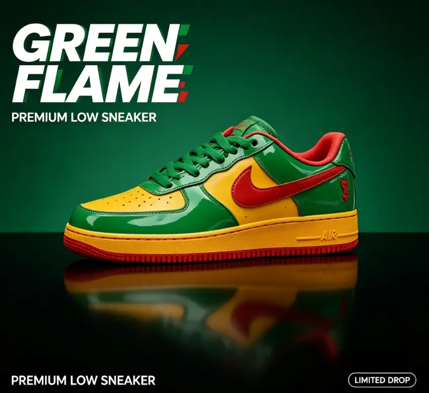 Green Flame AF1 Glossy Leather Low Sneakers with vintage green-yellow-red colorway, cushioned midsole & non-slip rubber outsole for all-day comfy daily wear