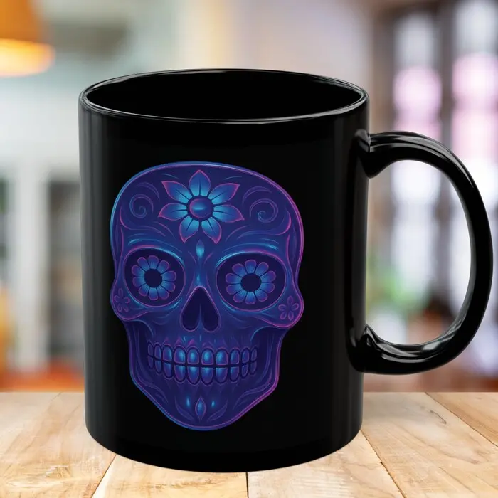 Neon Sugar Skull Black Mug, Dia de los Muertos Ceramic Cup, Day of the Dead Coffee Mug, Halloween Kitchen Decor, Gothic Cup, Dark Tea Mug#2351