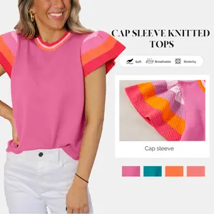 Shewin 2026 SummerVibes Lady's Color Block Short-Sleeve Pullover - Round Neck, Loose Fit, Lightweight, Chic, Skinny-Friendly Soft Knit Women's Tops with Premium Fabric for Everyday Wear (Cap-Sleeve Alternative Option),summervibes Elegant Cute