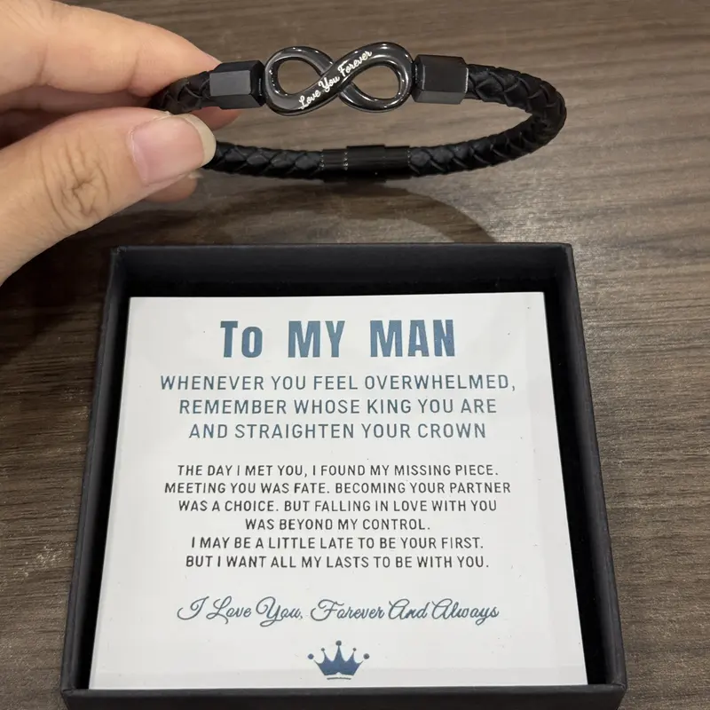 To My Man Bracelet Gift for Him, Black Braided Infinity Bracelet with Love You Forever Engraving, Romantic Gift for Husband Boyfriend Fiancé, Anniversary Birthday Valentine’s Day Gift Emotional Message Card Perfect Romantic Gift Heartfelt Gift