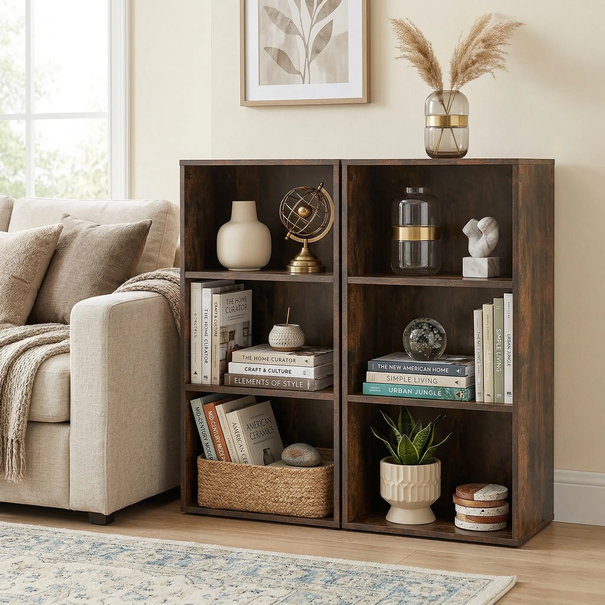 Spaco Set of 2 Rustic Brown 3-Tier Open Cube Bookcases - Adjustable Shelf Storage Organizer, Bookshelf for Bedroom, Shelves for Bedroom for Home Office & Living Room