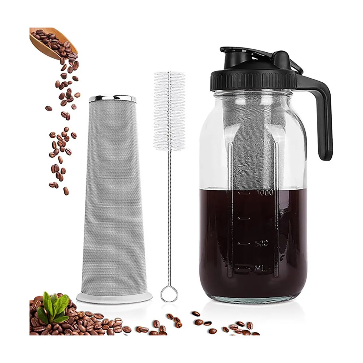 64 Oz Wide-Mouth Glass Jar Water Jug, Leak-Proof Family Set with Pour Faucet and Handle, Iced Tea Container for Home Kitchen Use (Sports & Outdoor Fitness Hydration)