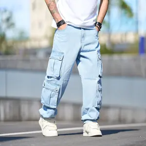 New Men Street Stylish Multiple pockets Loose Cargo Jeans Trousers Male Solid Straight Denim Pants
