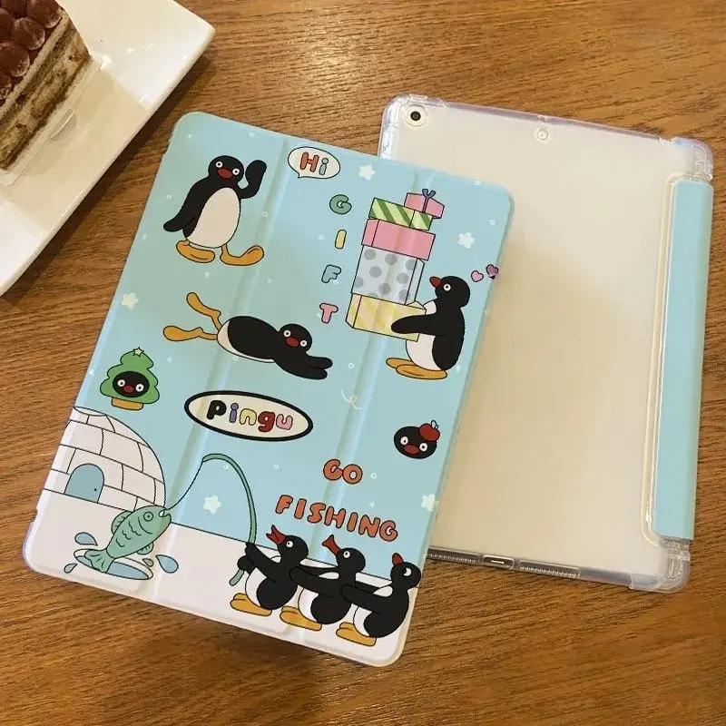 Pingu Penguin Cartoon Print Anti-Drop Tpu Protective Tablet Case, Transparent Back with Pen Slot, Compatible with Various iPad Models, Cute and Fun Design, Protective Tablet Cover, Tablet Casing