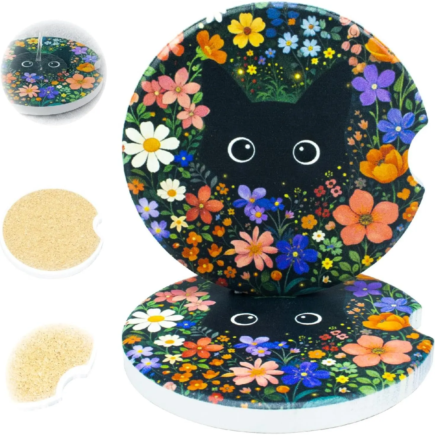 Ceramic  Coasters, 2 Pack, 2.64" Absorbent  Cup Holder Coasters, Cute Ceramic  Coasters for Women, Floral Black